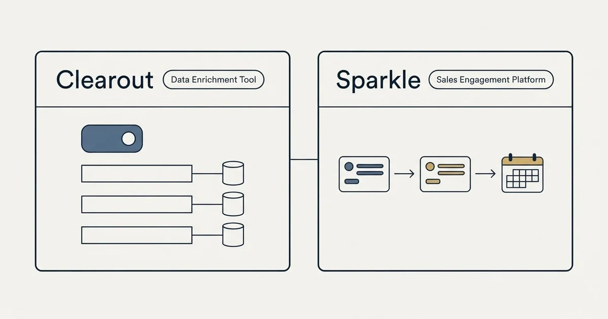 Side-by-side panels: Clearout vs Sparkle (Data Enrichment Tool, Sales Engagement Platform)