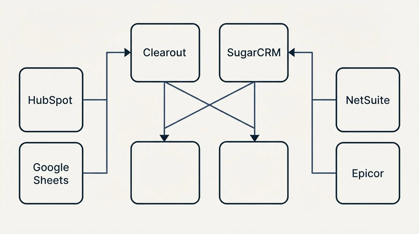 Integration grid: Integration Ecosystem (Clearout, SugarCRM, HubSpot, NetSuite)