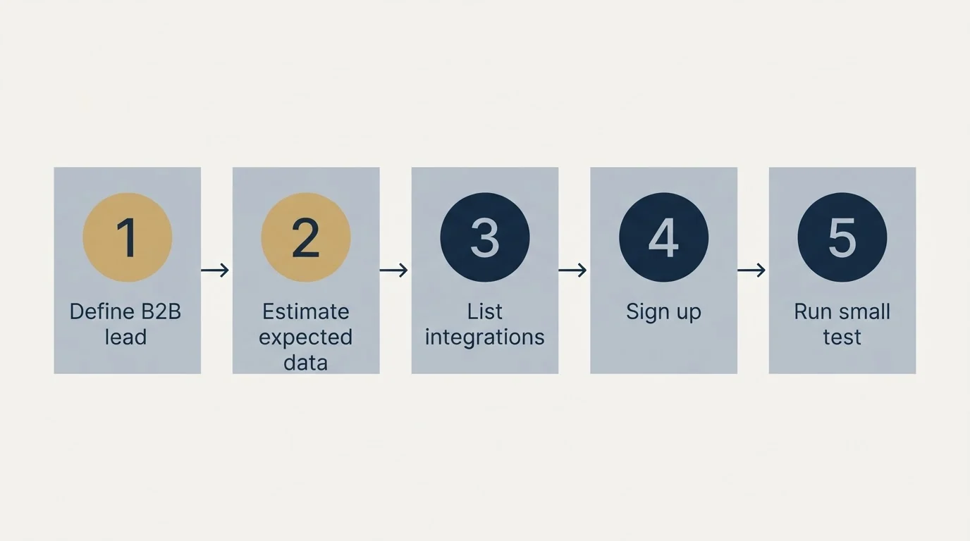 Step sequence: Getting Started Checklist (Define B2B lead, Estimate expected data, List integrations, Sign up)