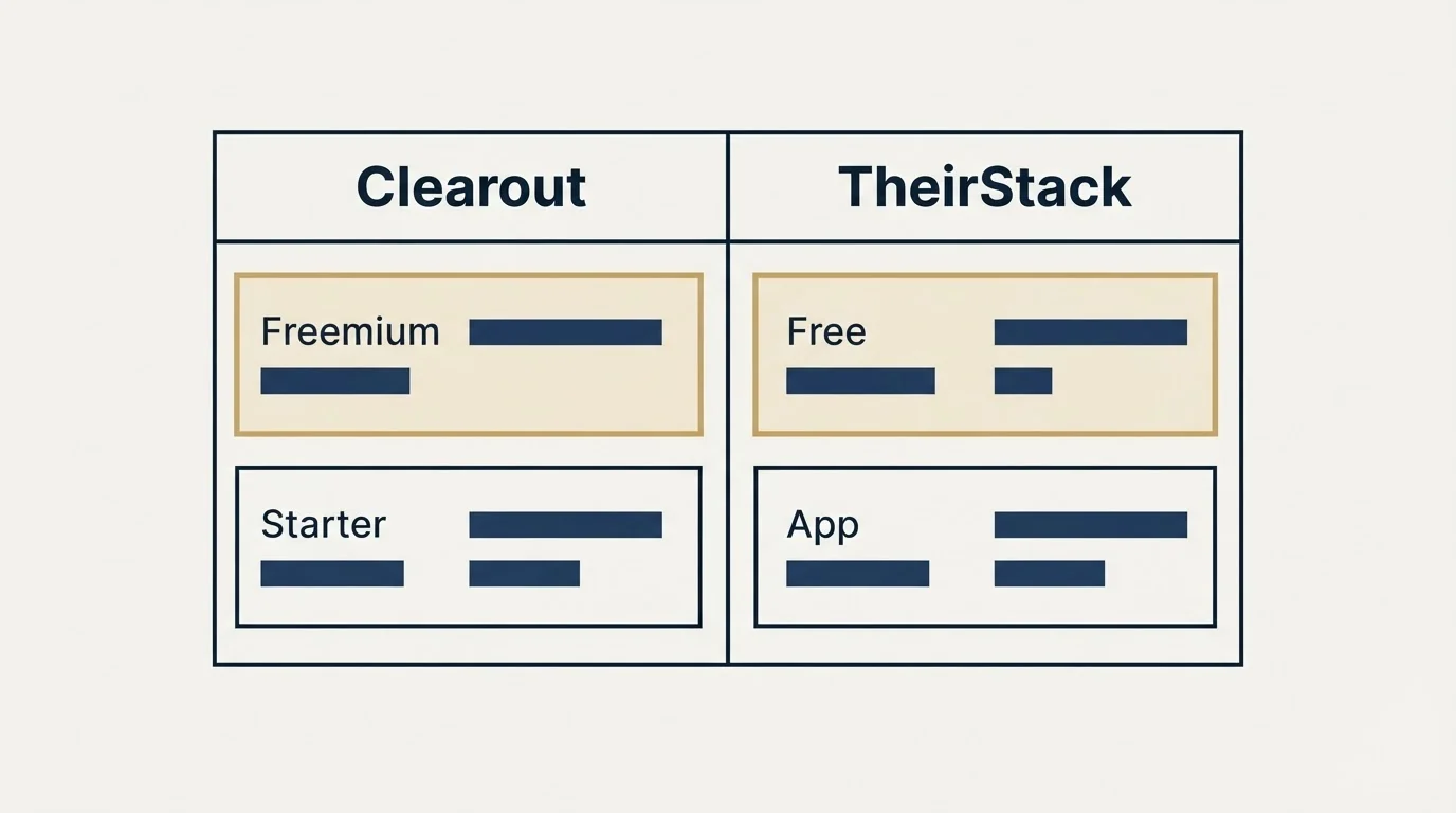 Pricing table: Pricing Comparison (Clearout, TheirStack, Freemium, Free)