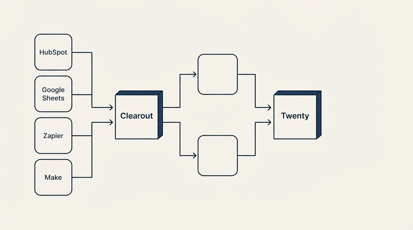 Integration flow: Integration Ecosystem (Clearout, Twenty, HubSpot, Google Sheets)