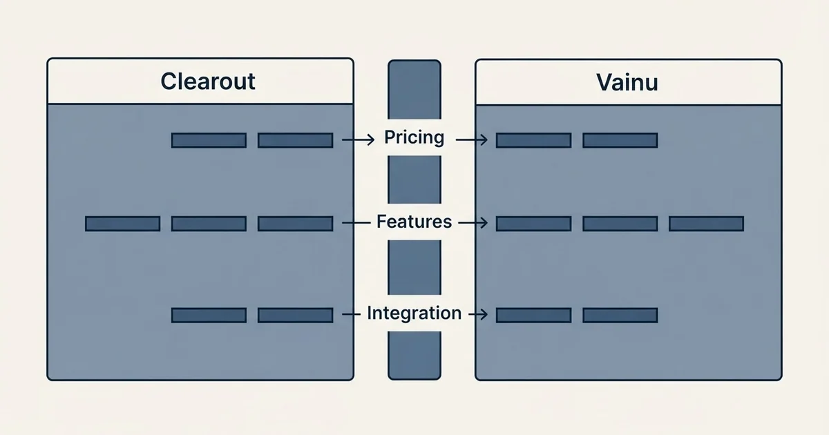 Comparison panel: Clearout vs Vainu (Pricing, Features, Integration)
