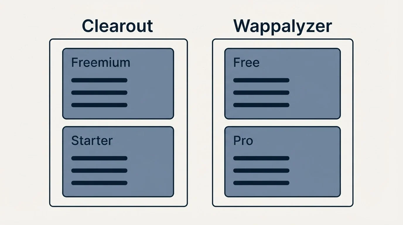 Pricing panels: Pricing Comparison (Clearout, Wappalyzer, Freemium, Free)