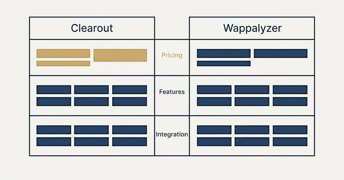 Comparison panel: Clearout vs Wappalyzer (Pricing, Features, Integration)