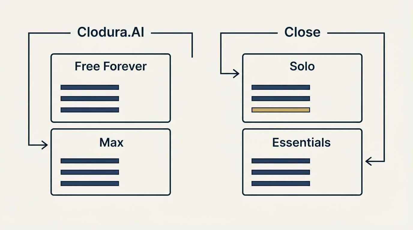 Pricing panels: Pricing Comparison (Clodura.AI, Close, Free Forever, Solo)