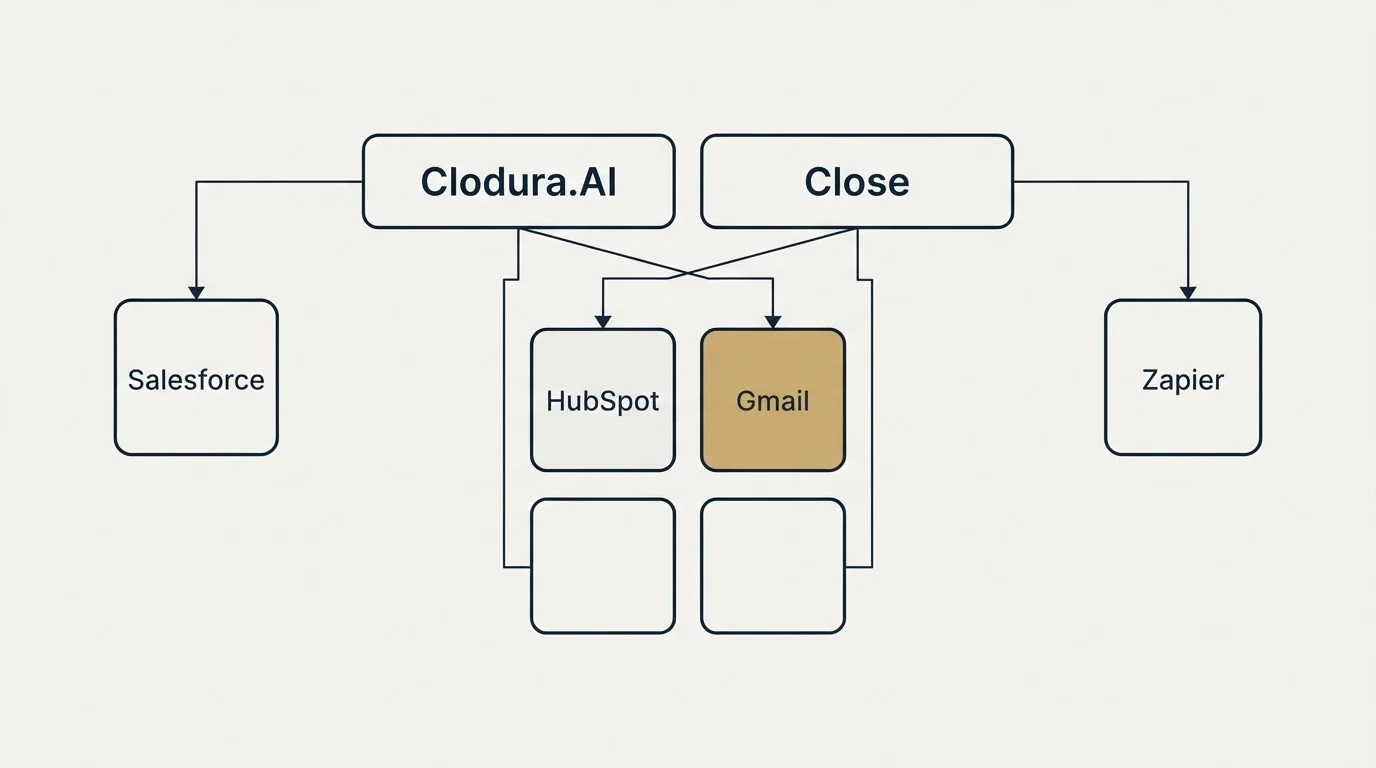 Integration grid: Integration Ecosystem (Clodura.AI, Close, HubSpot, Gmail)