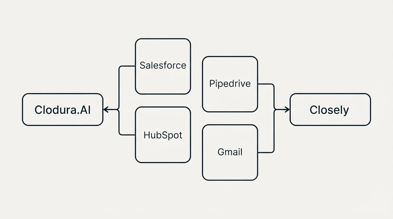 Integration schematic: Integration Ecosystem (Clodura.AI, Closely, Salesforce, Pipedrive)