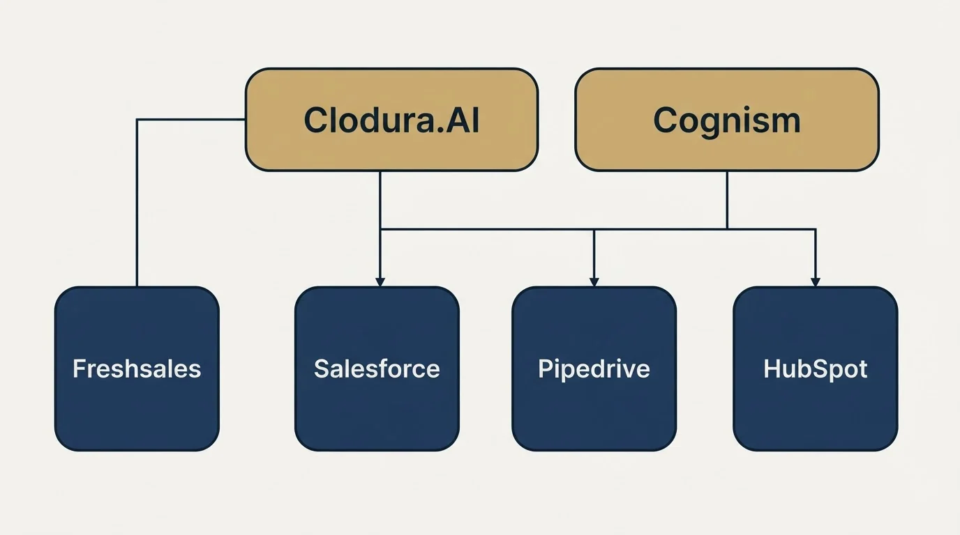 Integration grid: Integration Ecosystem (Clodura.AI, Cognism, Salesforce, Pipedrive)