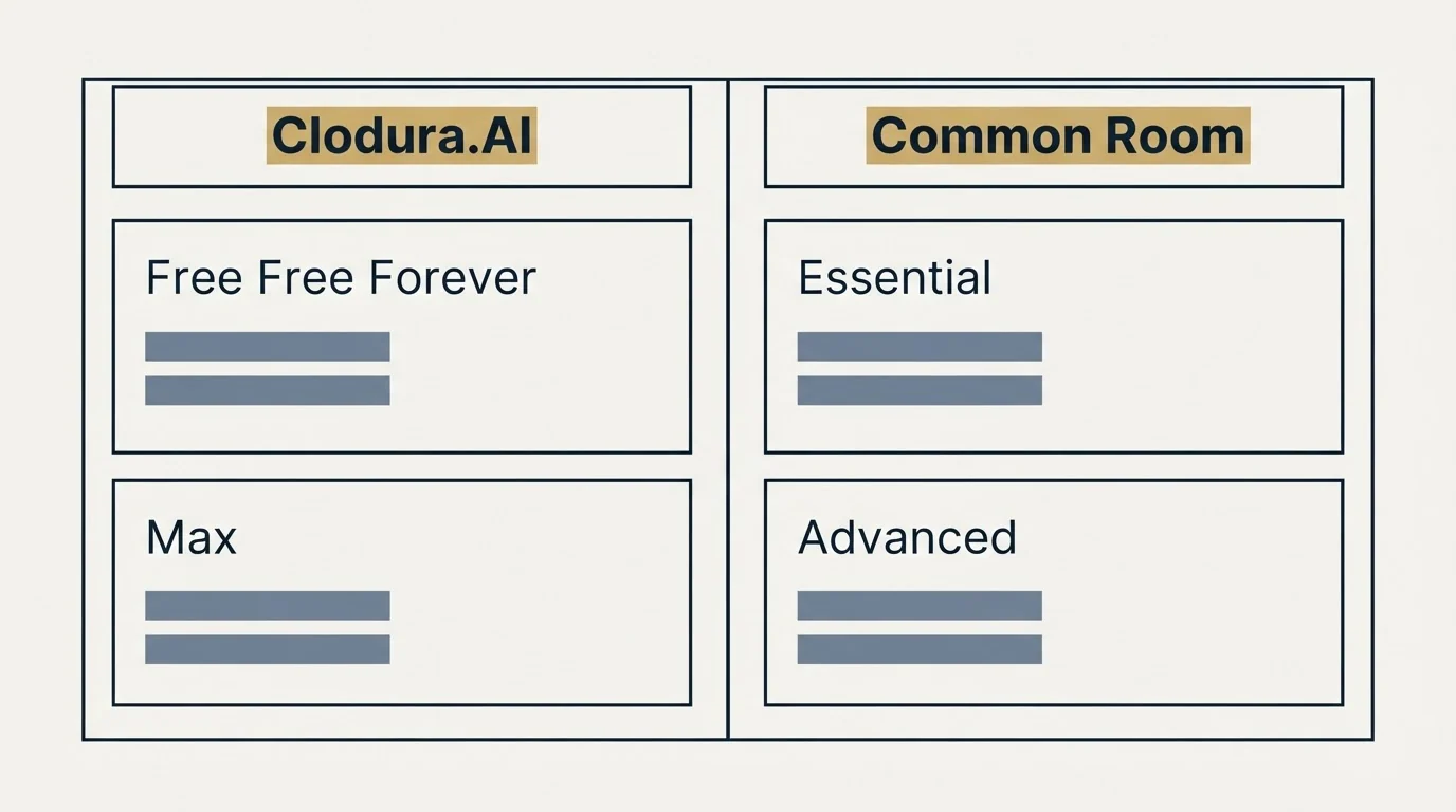 Pricing table: Pricing Comparison (Clodura.AI, Common Room, Free Forever, Essential)