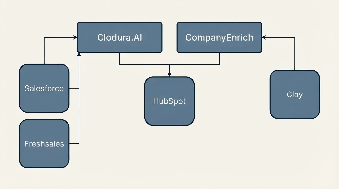 Integration grid: Integration Ecosystem (Clodura.AI, CompanyEnrich, HubSpot, Salesforce)