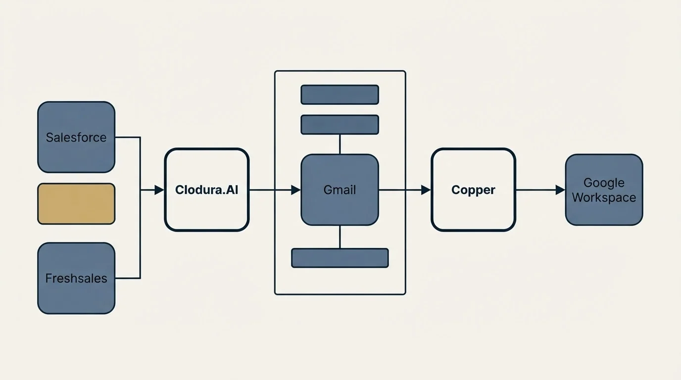 Integration flow: Integration Ecosystem (Clodura.AI, Copper, Gmail, Salesforce)