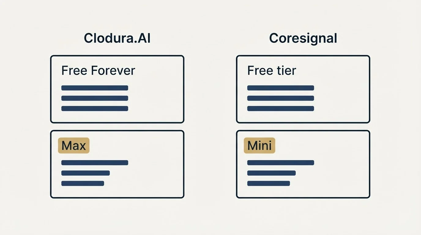Pricing panels: Pricing Comparison (Clodura.AI, Coresignal, Free Forever, Free tier)