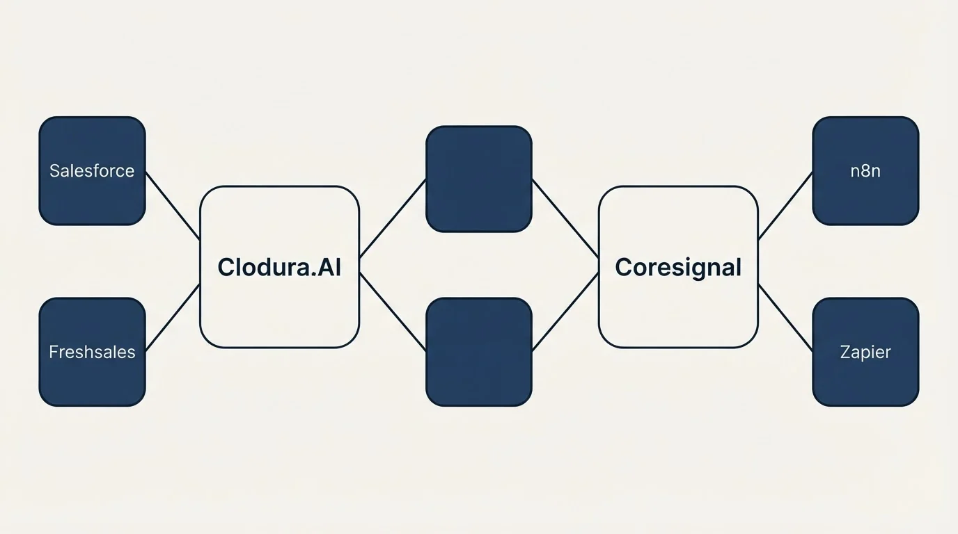 Integration schematic: Integration Ecosystem (Clodura.AI, Coresignal, Salesforce, n8n)