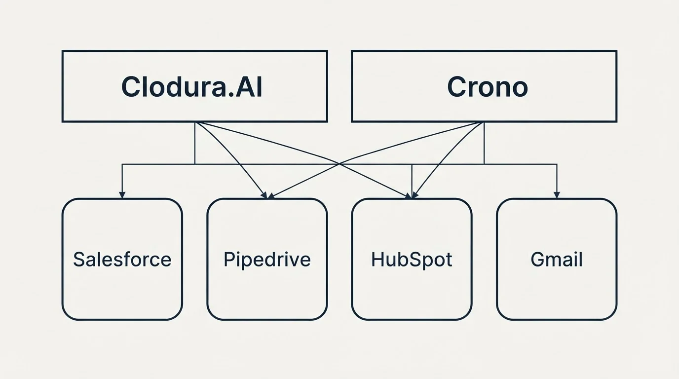 Integration grid: Integration Ecosystem (Clodura.AI, Crono, Salesforce, Pipedrive)
