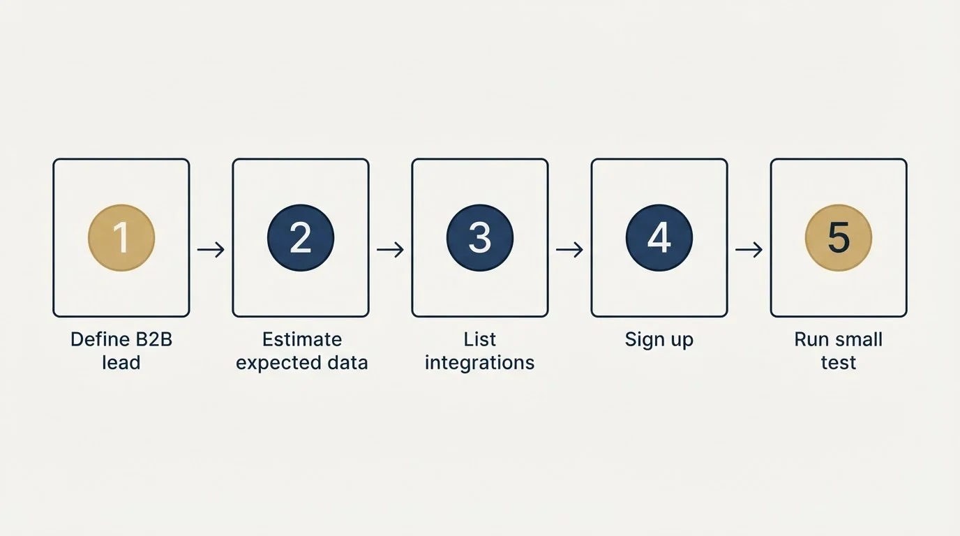 Step sequence: Getting Started Checklist (Define B2B lead, Estimate expected data, List integrations, Sign up)