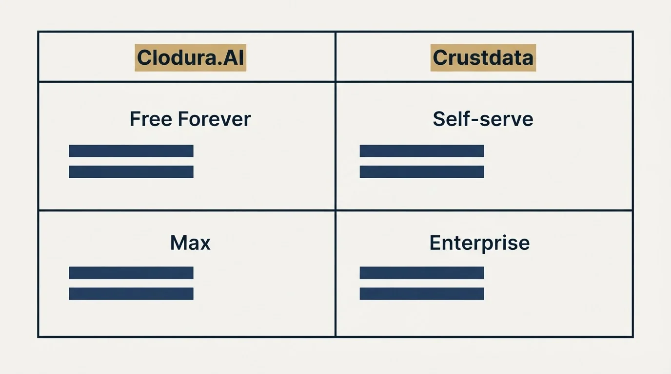 Pricing table: Pricing Comparison (Clodura.AI, Crustdata, Free Forever, Self-serve)