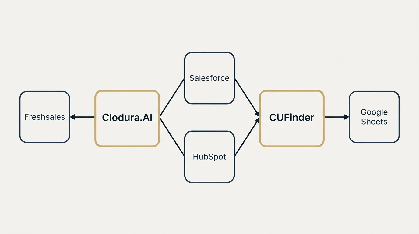 Integration schematic: Integration Ecosystem (Clodura.AI, CUFinder, Salesforce, HubSpot)