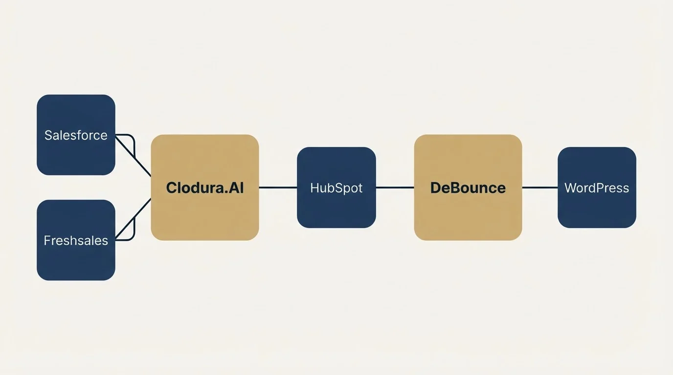Integration schematic: Integration Ecosystem (Clodura.AI, DeBounce, HubSpot, Salesforce)