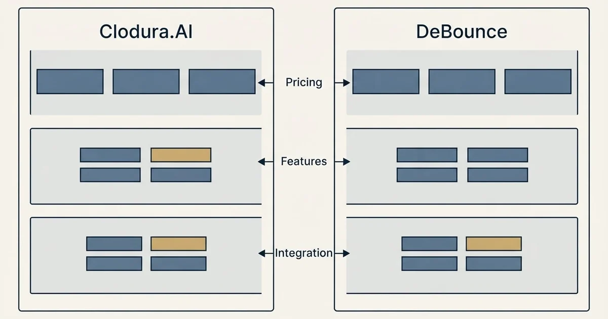 Comparison panel: Clodura.AI vs DeBounce (Pricing, Features, Integration)