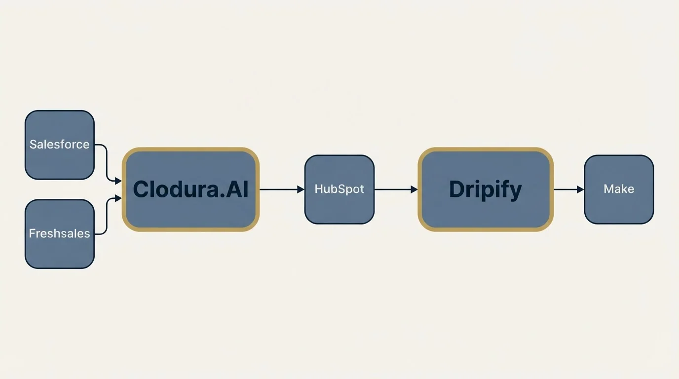 Integration schematic: Integration Ecosystem (Clodura.AI, Dripify, HubSpot, Salesforce)