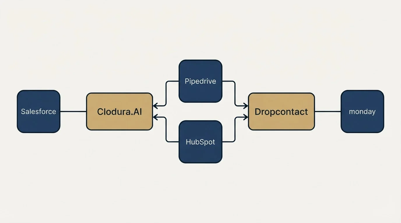 Integration flow: Integration Ecosystem (Clodura.AI, Dropcontact, Pipedrive, HubSpot)