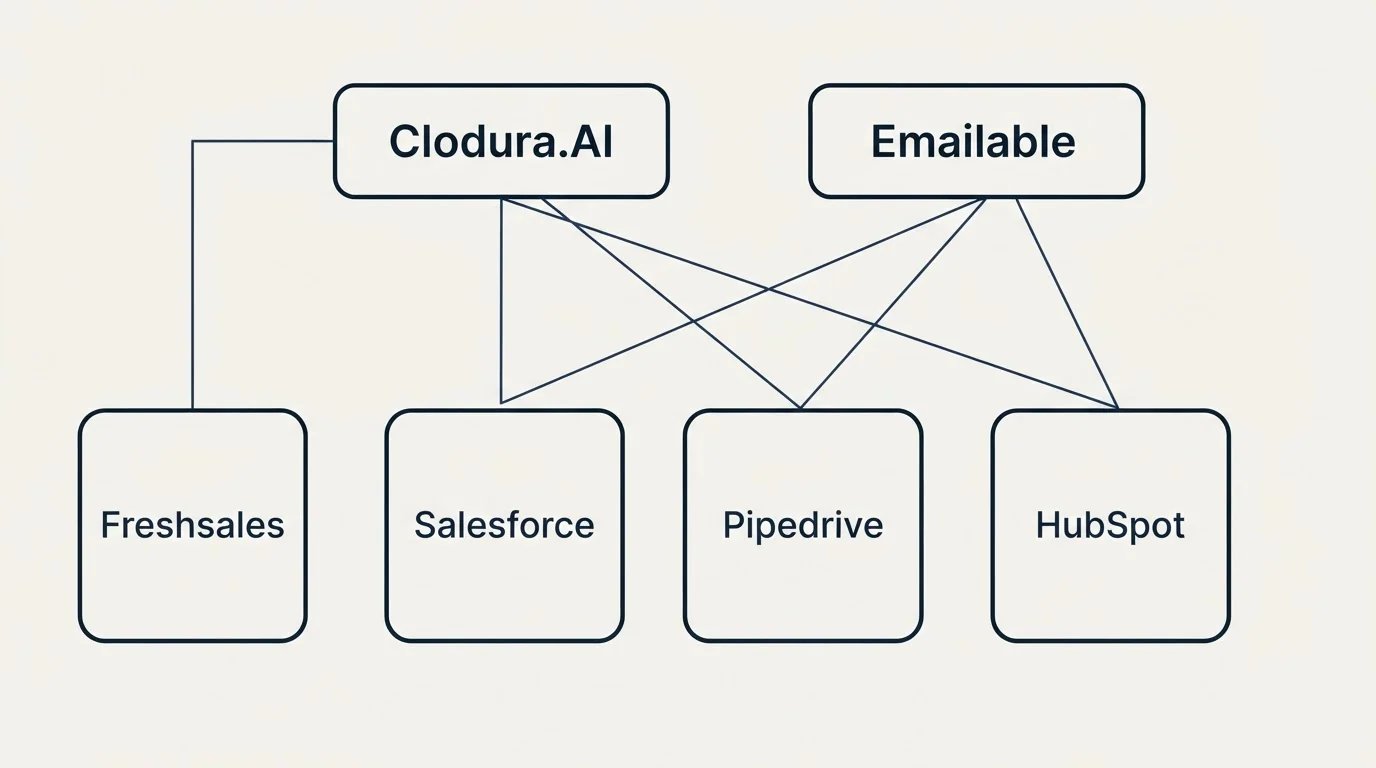 Integration grid: Integration Ecosystem (Clodura.AI, Emailable, Salesforce, Pipedrive)