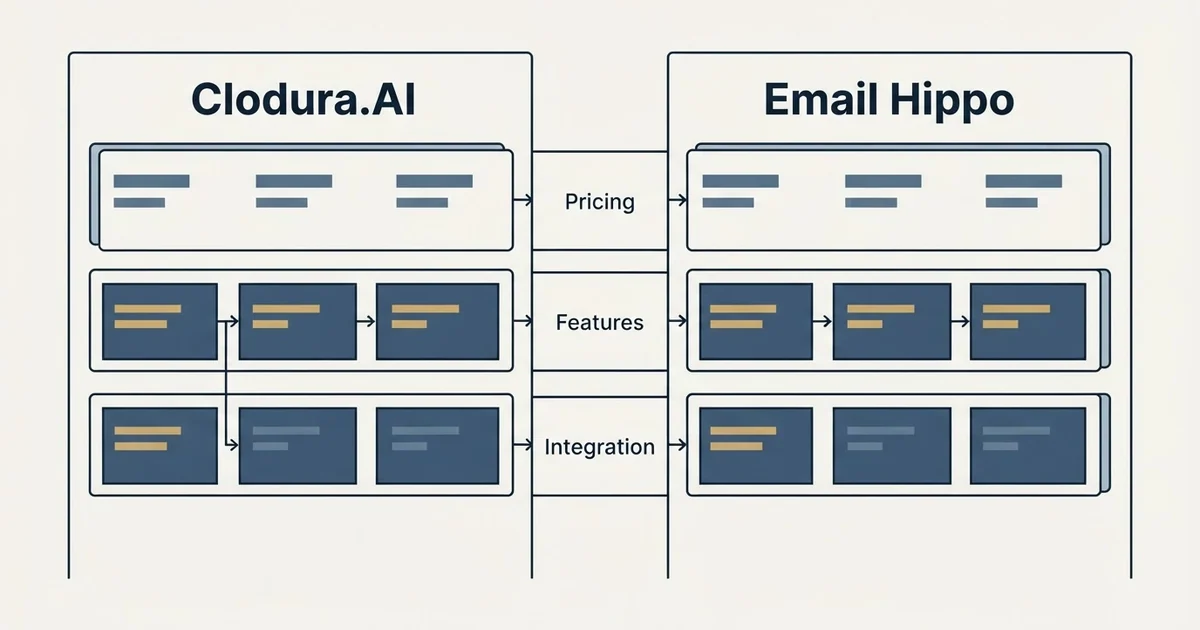 Comparison panel: Clodura.AI vs Email Hippo (Pricing, Features, Integration)