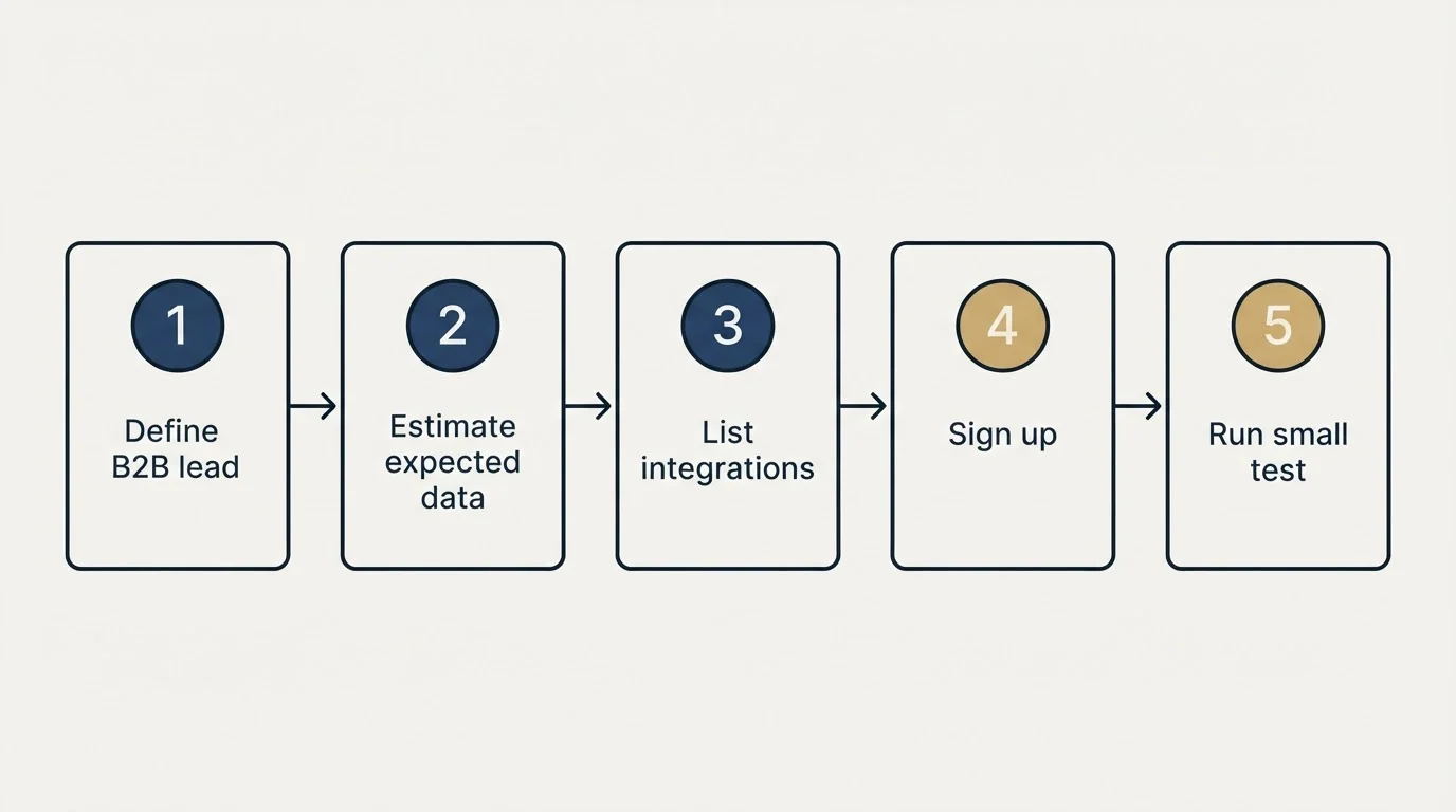 Step sequence: Getting Started Checklist (Define B2B lead, Estimate expected data, List integrations, Sign up)