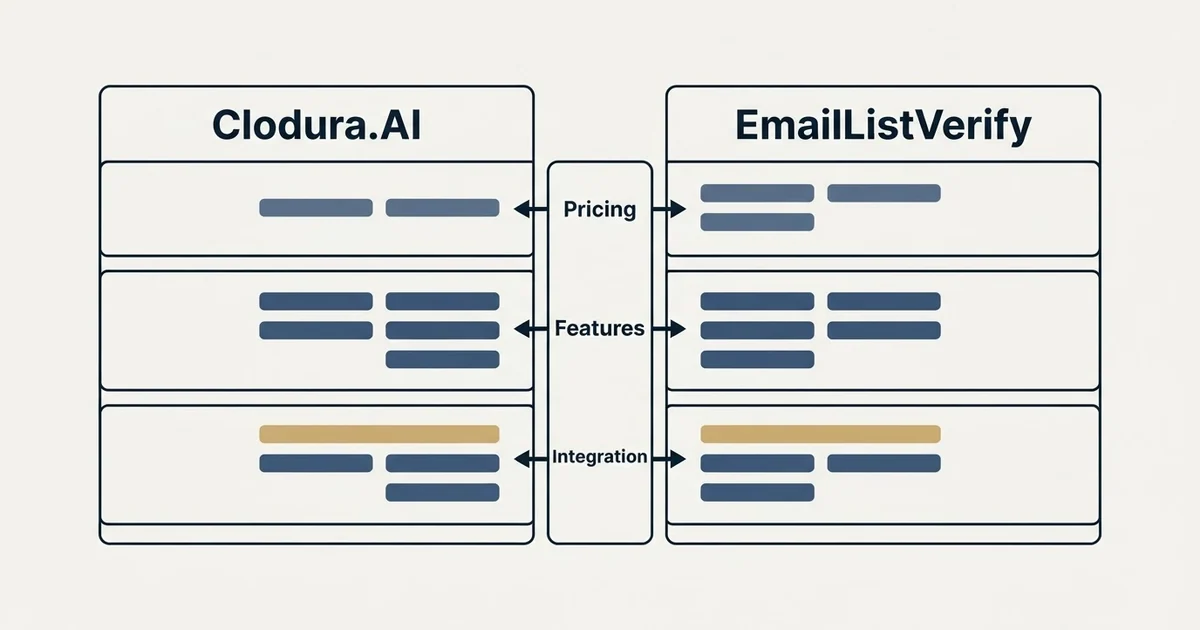 Comparison panel: Clodura.AI vs EmailListVerify (Pricing, Features, Integration)