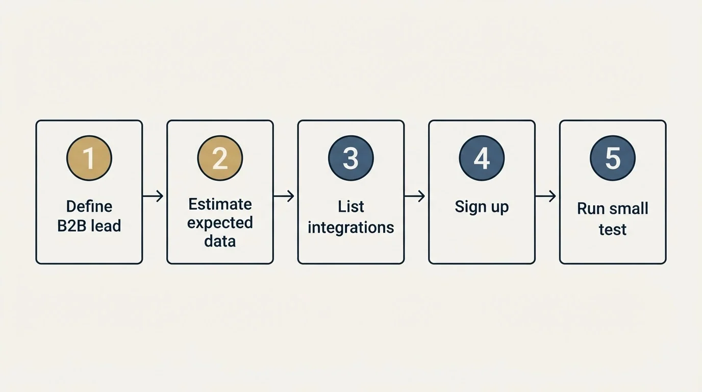 Step sequence: Getting Started Checklist (Define B2B lead, Estimate expected data, List integrations, Sign up)