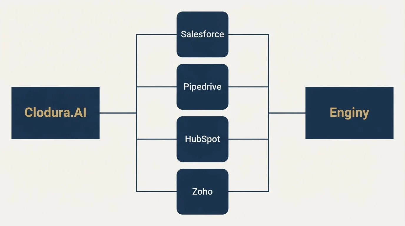 Integration flow: Integration Ecosystem (Clodura.AI, Enginy, Salesforce, Pipedrive)
