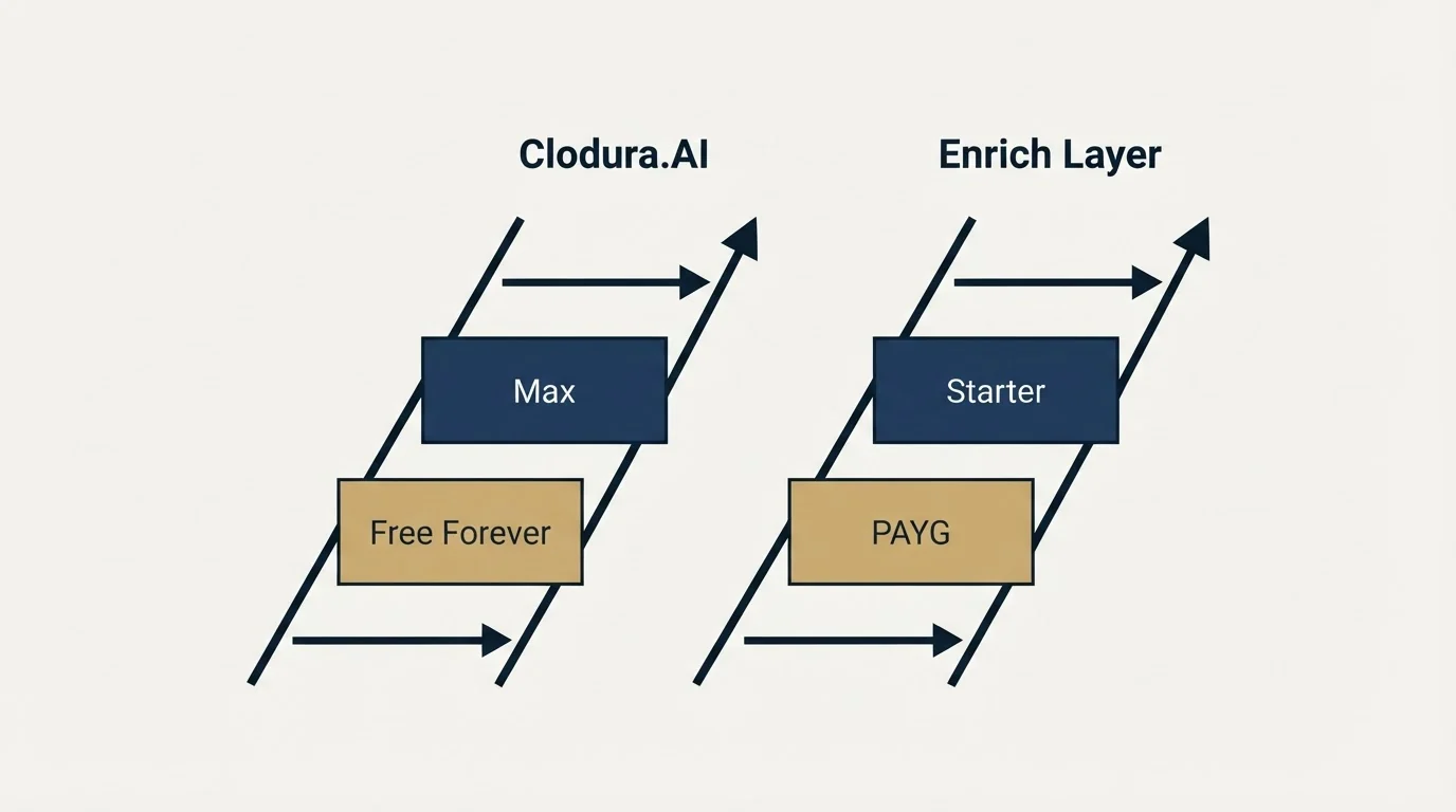 Pricing ladder: Pricing Comparison (Clodura.AI, Enrich Layer, Free Forever, PAYG)