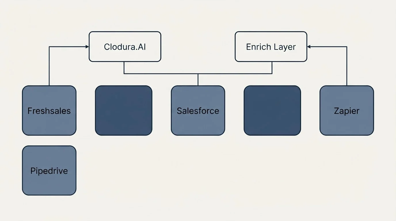 Integration grid: Integration Ecosystem (Clodura.AI, Enrich Layer, Salesforce, Freshsales)