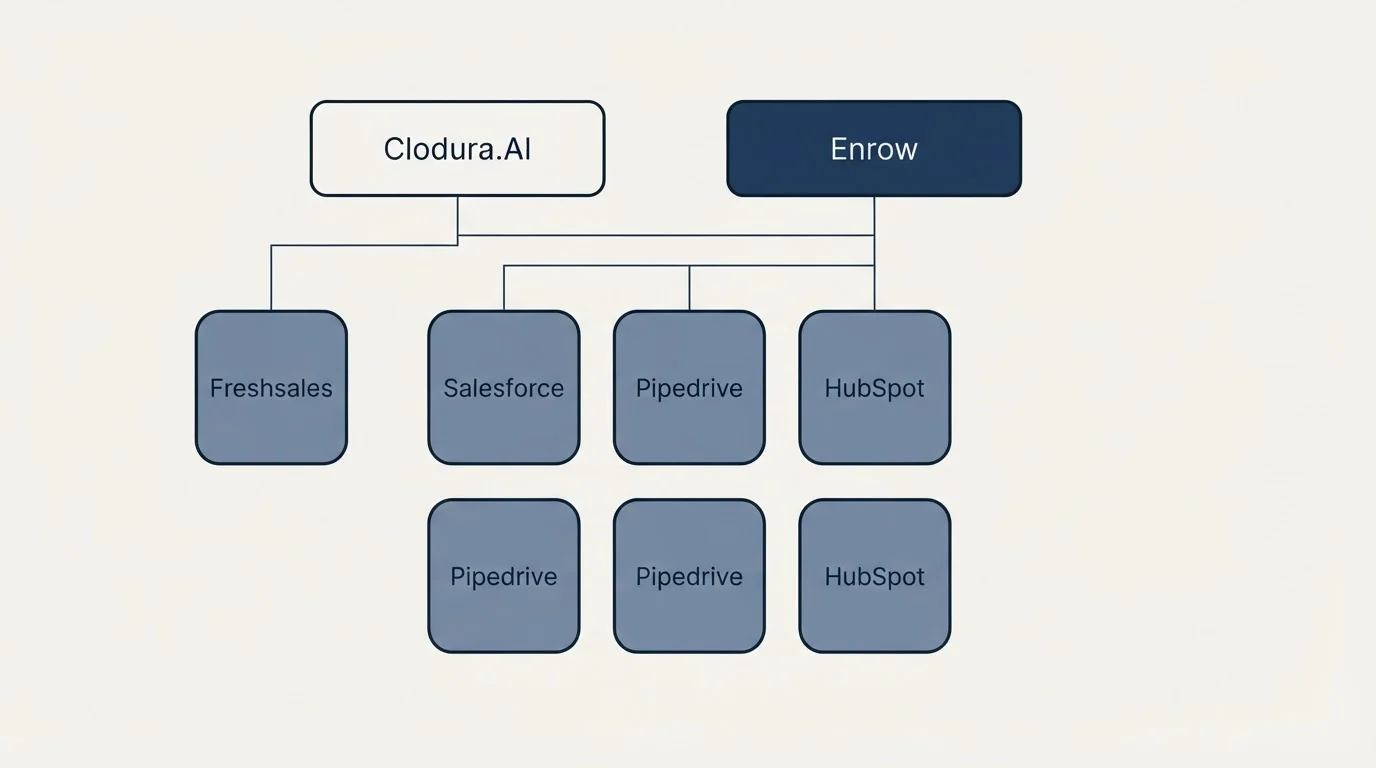 Integration grid: Integration Ecosystem (Clodura.AI, Enrow, Salesforce, Pipedrive)
