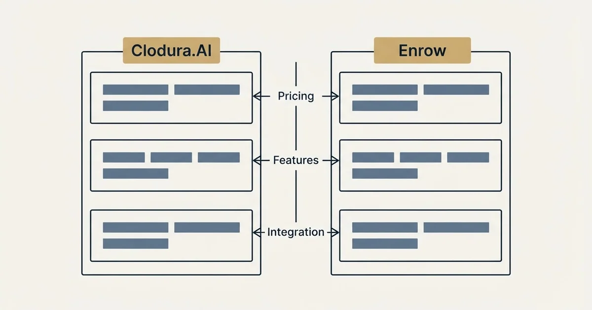 Comparison panel: Clodura.AI vs Enrow (Pricing, Features, Integration)