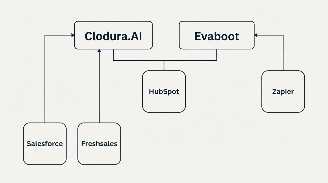 Integration grid: Integration Ecosystem (Clodura.AI, Evaboot, HubSpot, Salesforce)