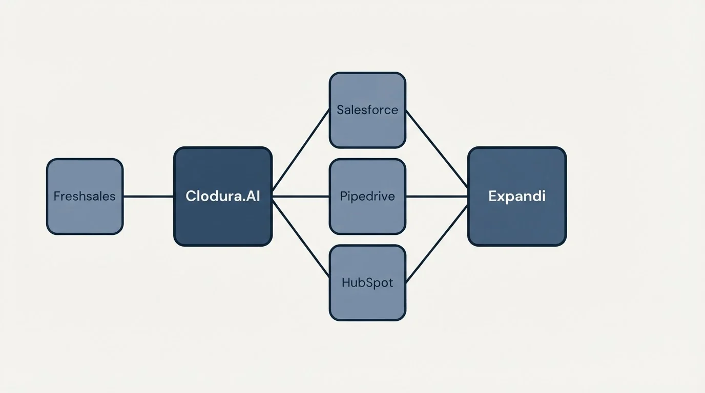 Integration schematic: Integration Ecosystem (Clodura.AI, Expandi, Salesforce, Pipedrive)