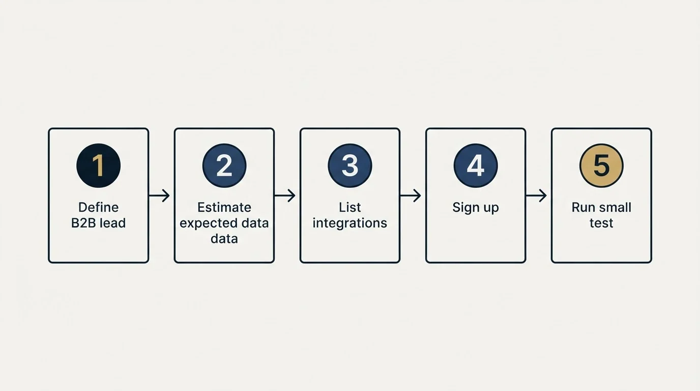 Step sequence: Getting Started Checklist (Define B2B lead, Estimate expected data, List integrations, Sign up)