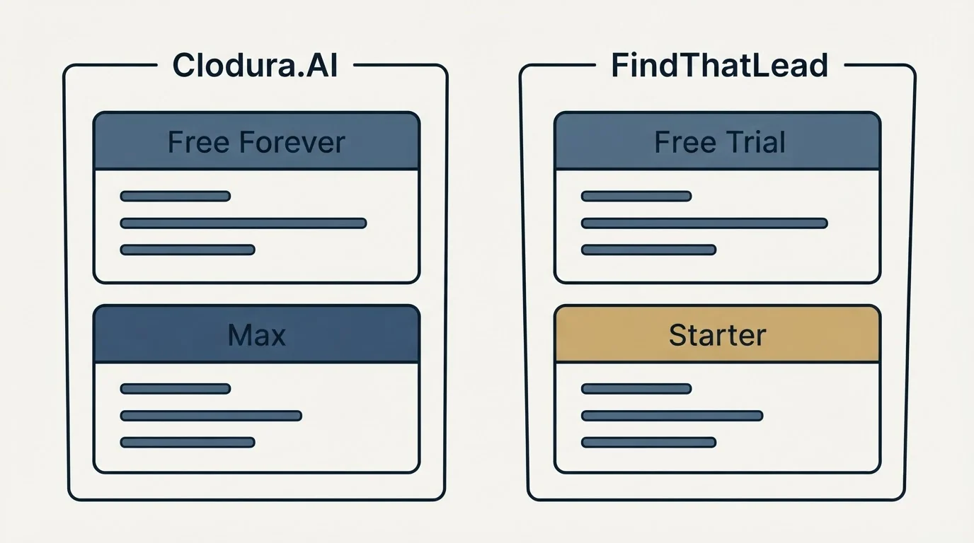 Pricing panels: Pricing Comparison (Clodura.AI, FindThatLead, Free Forever, Free Trial)
