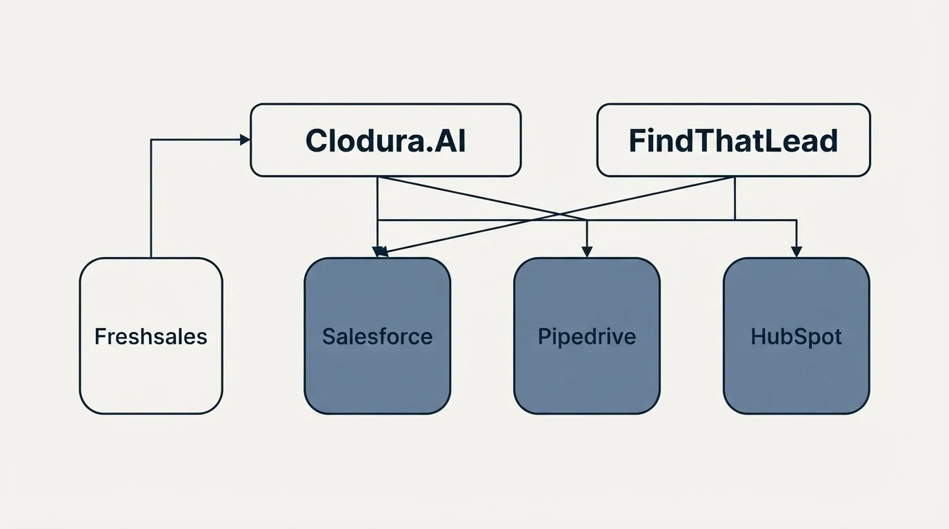 Integration grid: Integration Ecosystem (Clodura.AI, FindThatLead, Salesforce, Pipedrive)