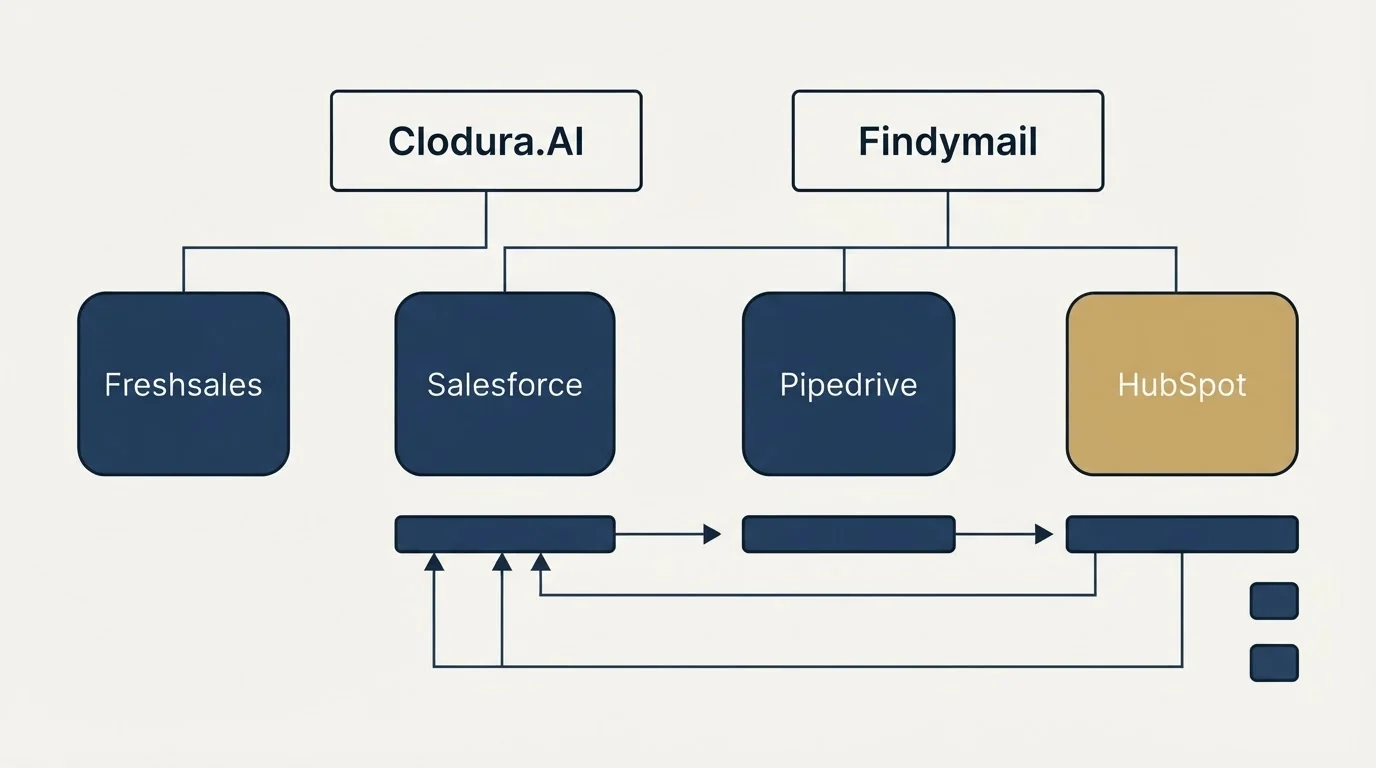 Integration grid: Integration Ecosystem (Clodura.AI, Findymail, Salesforce, Pipedrive)