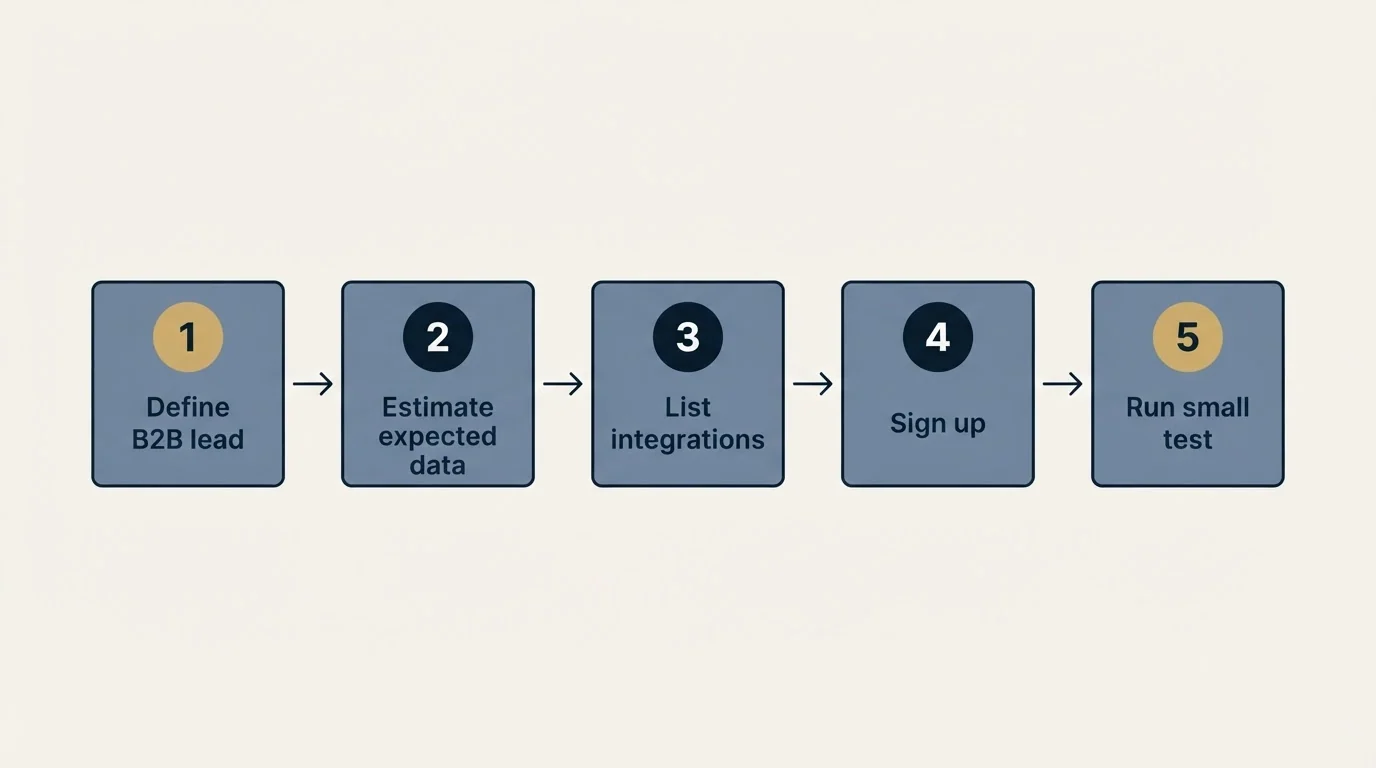 Step sequence: Getting Started Checklist (Define B2B lead, Estimate expected data, List integrations, Sign up)