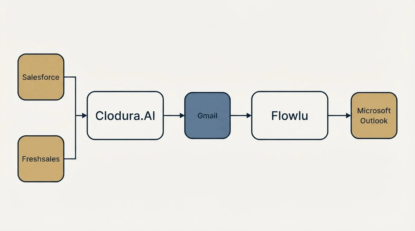 Integration flow: Integration Ecosystem (Clodura.AI, Flowlu, Gmail, Salesforce)