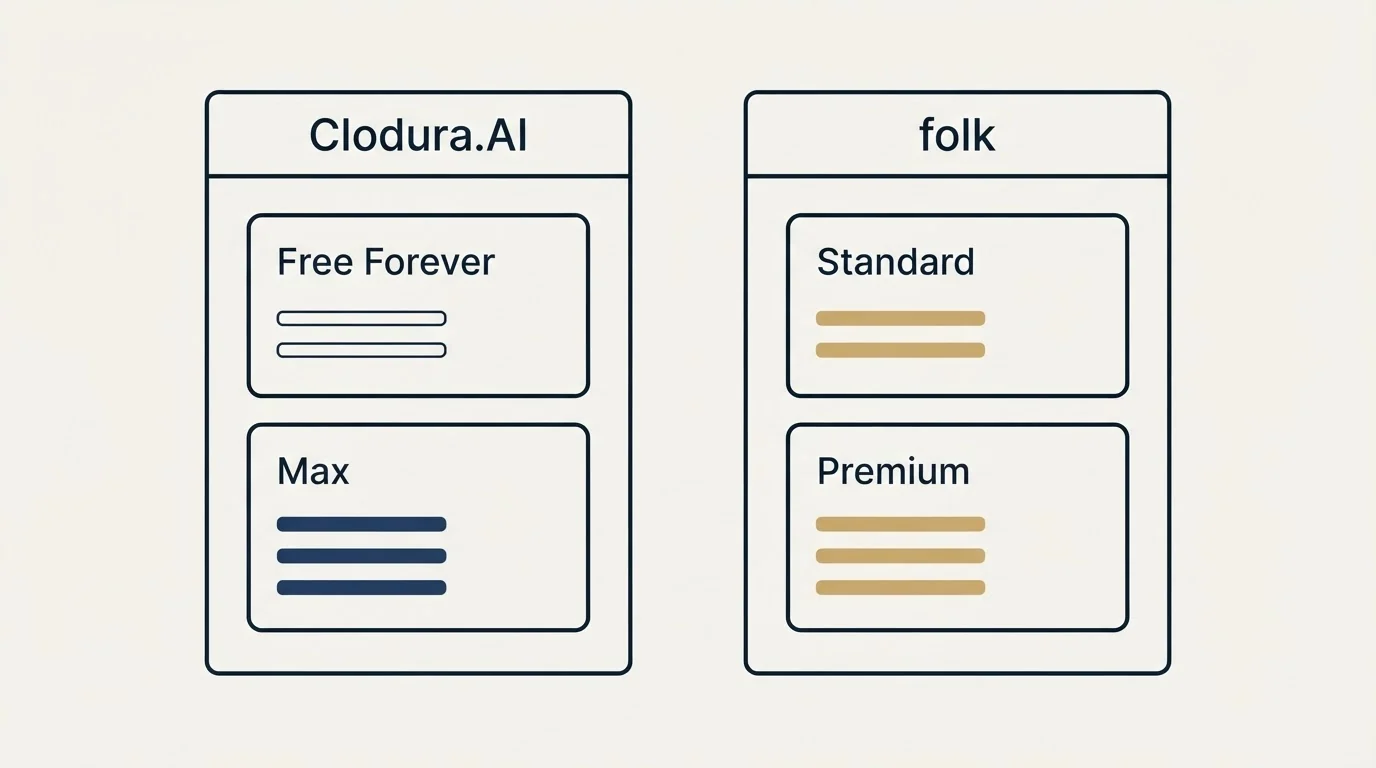 Pricing panels: Pricing Comparison (Clodura.AI, folk, Free Forever, Standard)