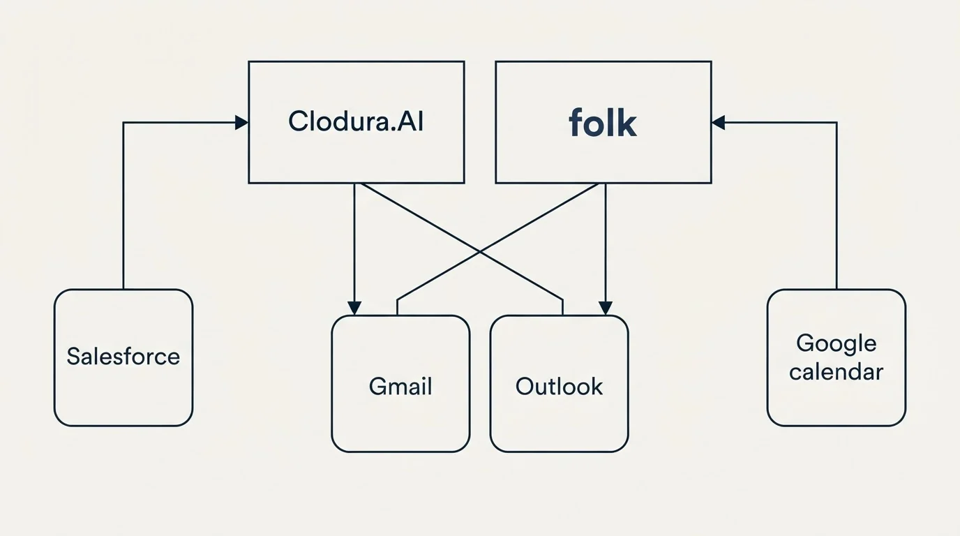 Integration grid: Integration Ecosystem (Clodura.AI, folk, Gmail, Outlook)