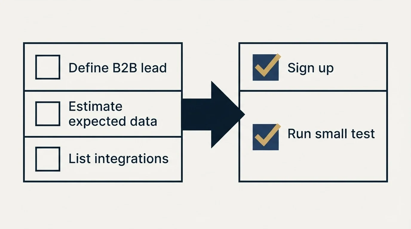 Before-and-after steps: Getting Started Checklist (Define B2B lead, Estimate expected data, List integrations, Sign up)