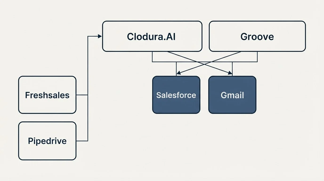 Integration grid: Integration Ecosystem (Clodura.AI, Groove, Salesforce, Gmail)