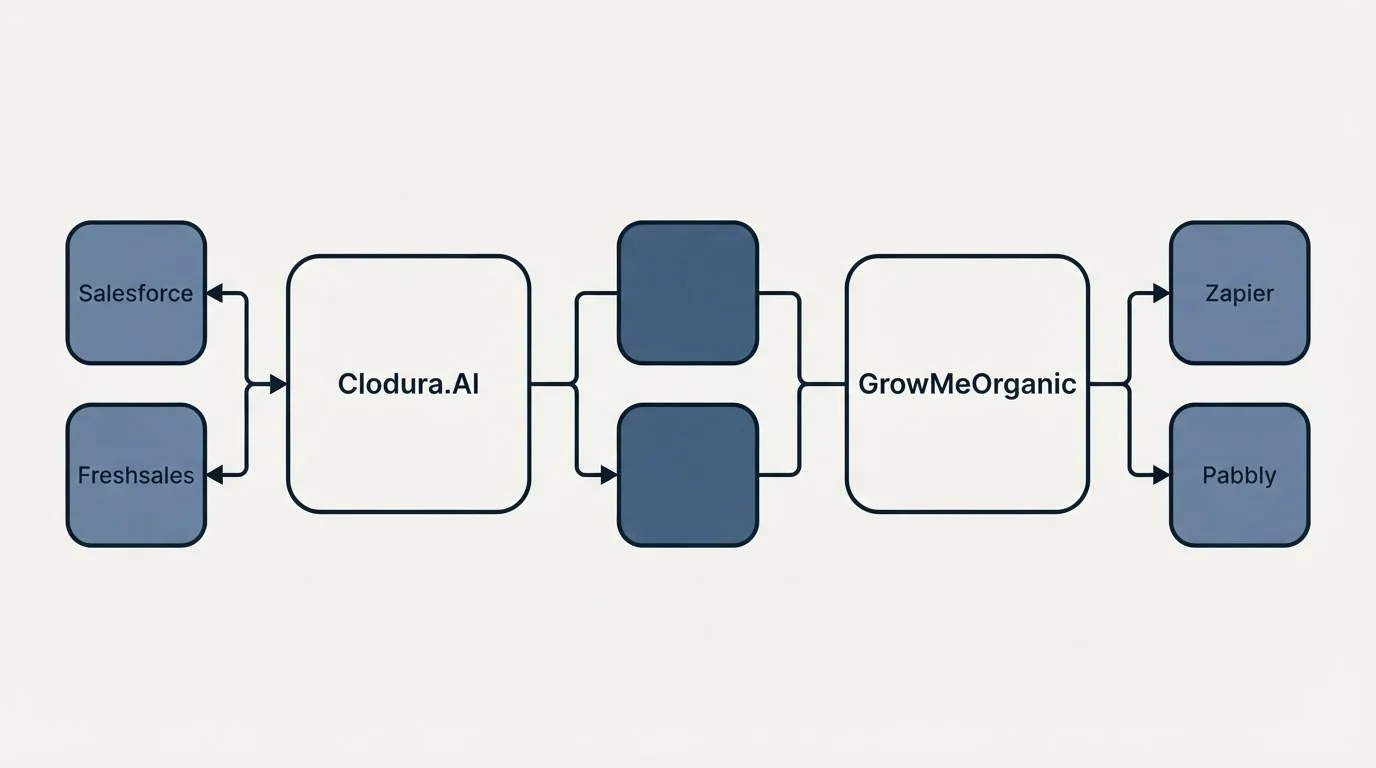 Integration schematic: Integration Ecosystem (Clodura.AI, GrowMeOrganic, Salesforce, Zapier)