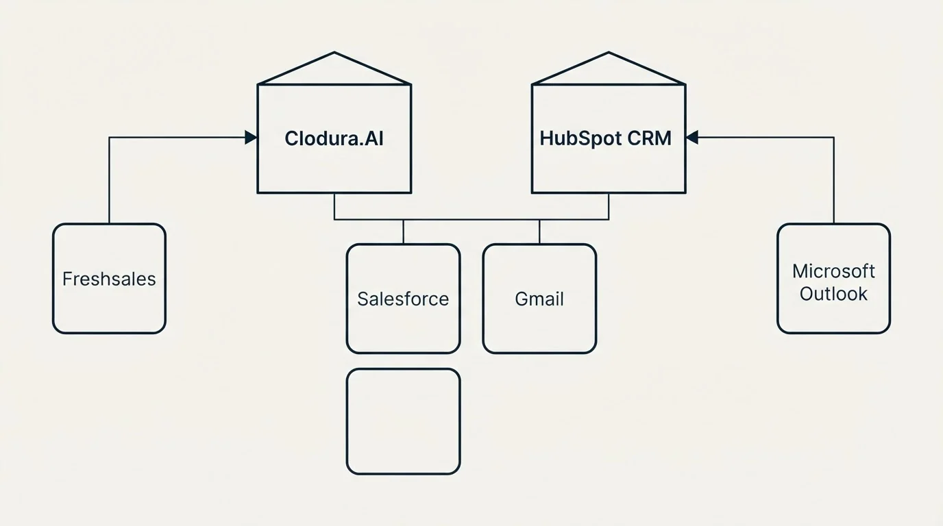 Integration grid: Integration Ecosystem (Clodura.AI, HubSpot CRM, Salesforce, Gmail)