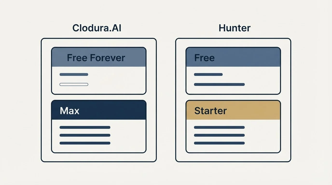Pricing panels: Pricing Comparison (Clodura.AI, Hunter, Free Forever, Free)